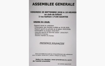 AG VENDREDI 25 SEPTEMBRE - 18 heures au club